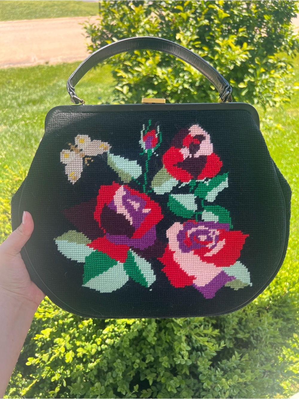 Black Floral Needlepoint Top-Handle Bag